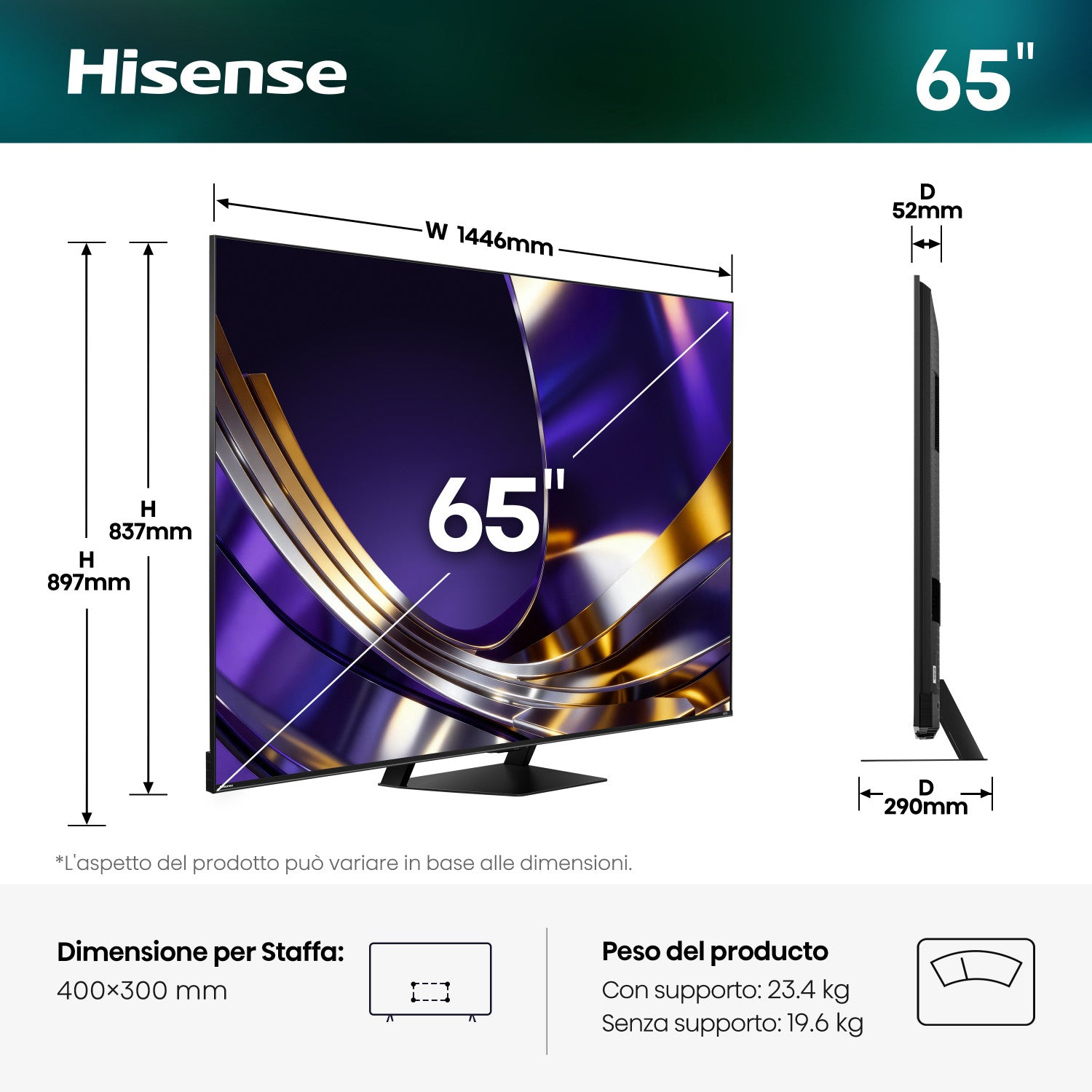 Hisense Smart TV MiniLED 165Hz 65" 4K 65U7S PRO, Schermo Anti-Riflesso, Dolby Atmos 2.1.2 By Devialet, VIDAA OS, Dolby Vision IQ, Native 165Hz Game Mode, 4 HDMI 2.1, Wifi, BT, AirPlay2, lativù 4K