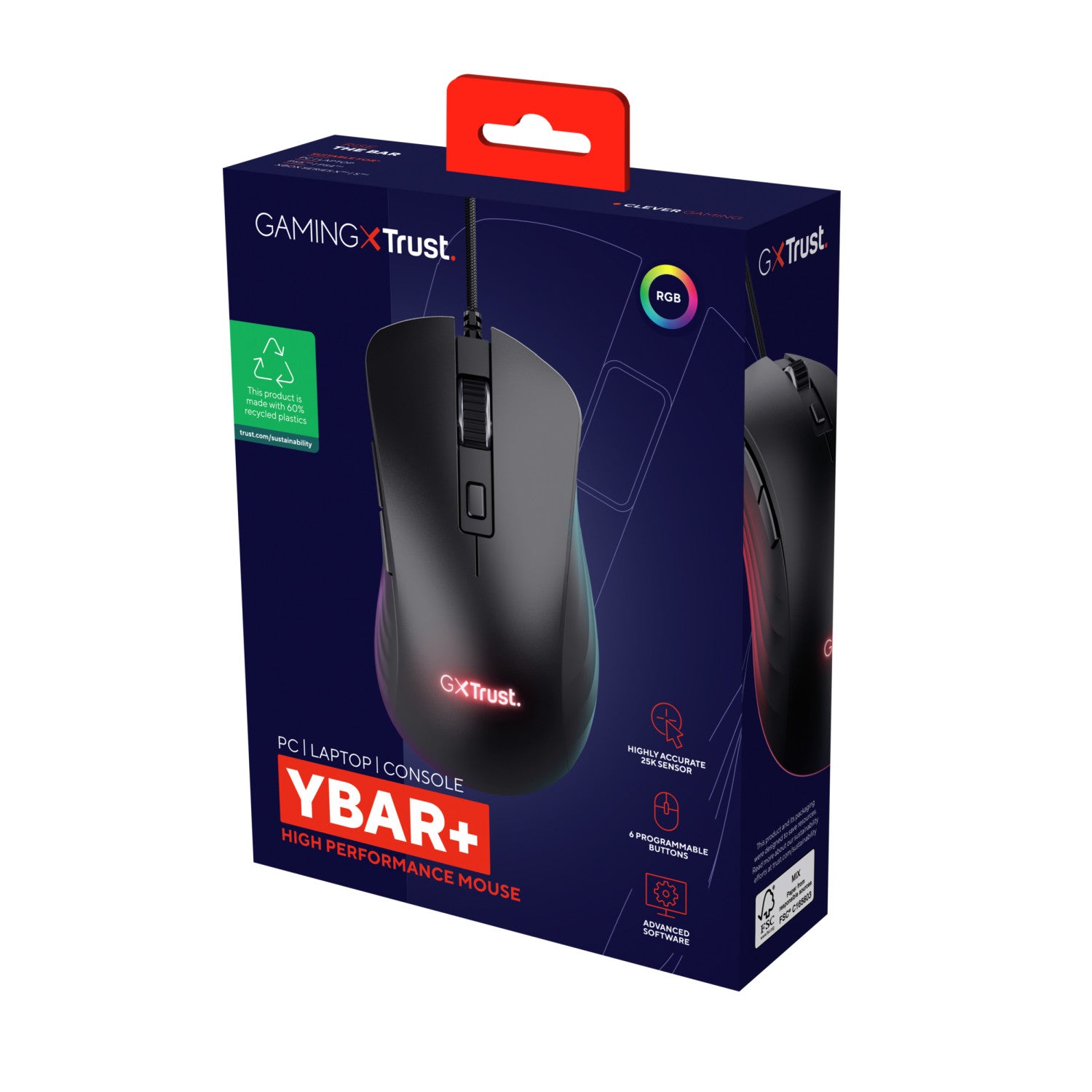 Trust GXT924 YBAR mouse Mano destra USB tipo A Ottico 25600 DPI