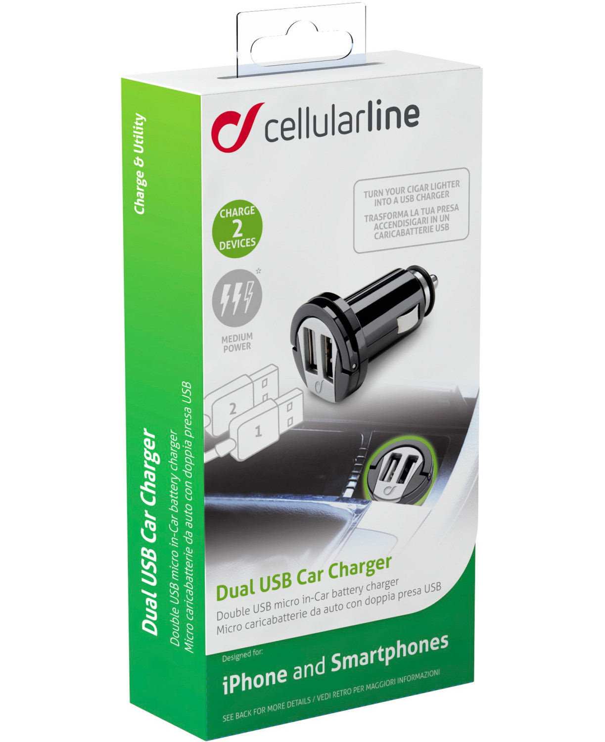 Cellularline USB Car Charger Dual Caricabatterie da Auto Universal Nero