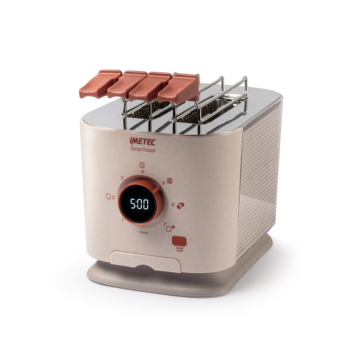 Imetec Grantoast - Tostapane 2 Fette XL con Pinze Apribili per Toast Farciti - 7 Livelli Doratura, Facile Pulizia, Display LED, Griglia Scalda Brioche, Pizzette e Focacce, Timer Digitale, Acciaio Inox.