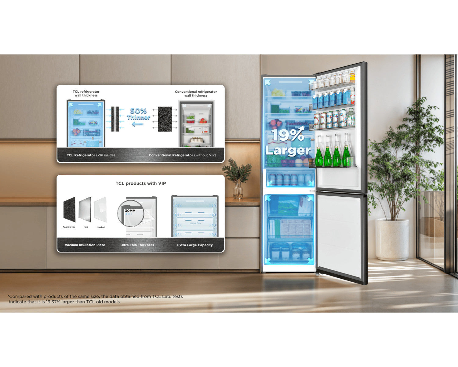 TCL RP350BBD0. Frigorifero Combinato 60 cm – 350 L con Variable Zone, Total No Frost e Compressore Inverter