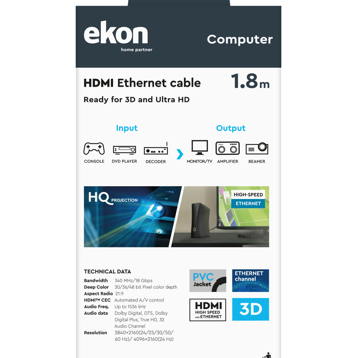Ekon ECITHDMI18MMK cavo HDMI 1,8 m HDMI tipo A (Standard) Nero