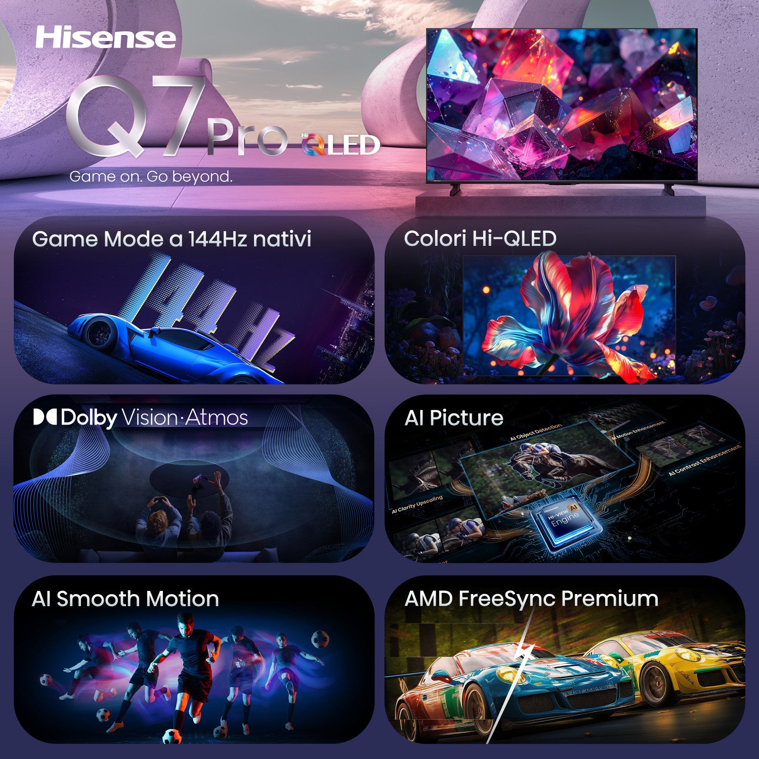 Hisense Smart TV QLED 144Hz 85pollici 4K 85Q7S PRO, Audio Dolby Atmos, VIDAA OS con 1000 APP, Dolby Vision IQ, HDR 10 , Native 144Hz Game Mode, AirPlay2, Alexa Built-in, lativù 4K