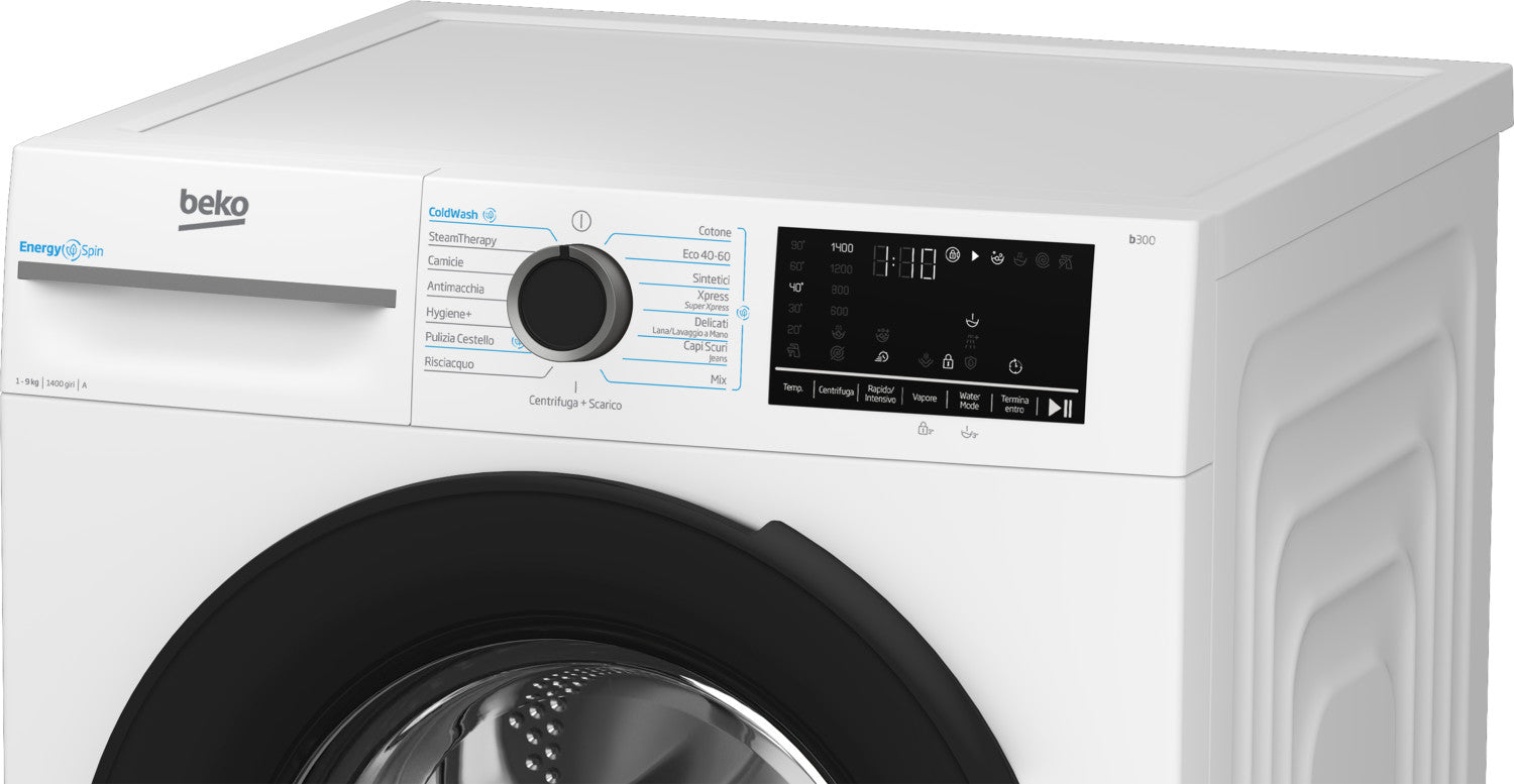 Beko b300 BMW9149DB: Lavatrice 9kg, classe A-30 , 1400giri, linea estetica NX, motore inverter, display touch, porta nera, tecnologia EnergySpin , funzione vapore