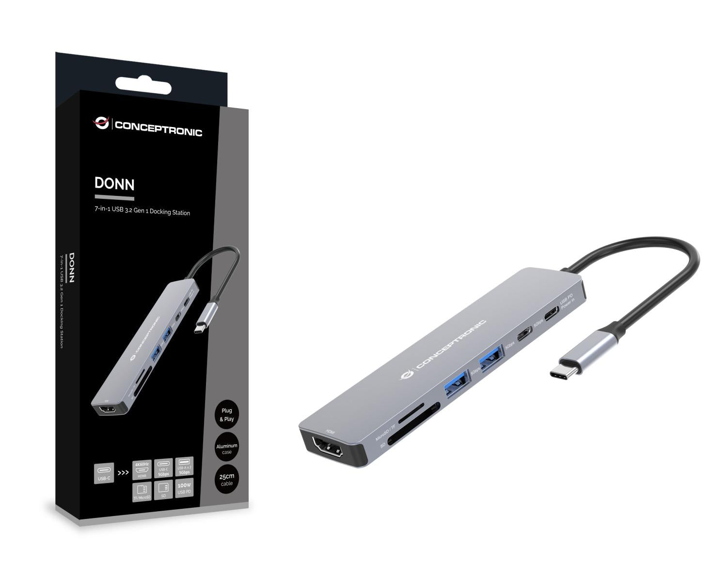 Conceptronic DONN28G replicatore di porte e docking station per laptop Cablato USB 3.2 Gen 1 (3.1 Gen 1) Type-C Grigio