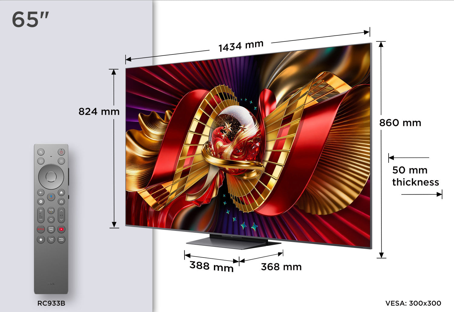 TCL C8L TV 65C8L SQD Mini LED da 65", 4K HDR, 5000 nit, 2.040 zone di dimming, Google TV, 144Hz, Dolby Vision Atmos, Audio Bang Olufsen