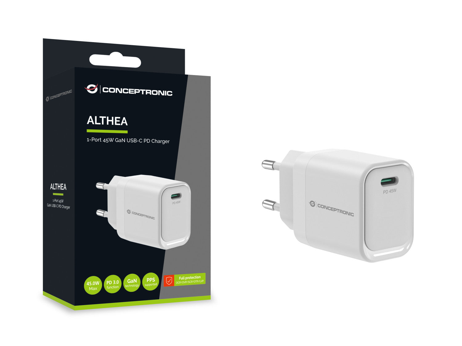 Conceptronic ALTHEA19W45 Caricabatterie per dispositivi mobili Universale Bianco AC Ricarica rapida Interno