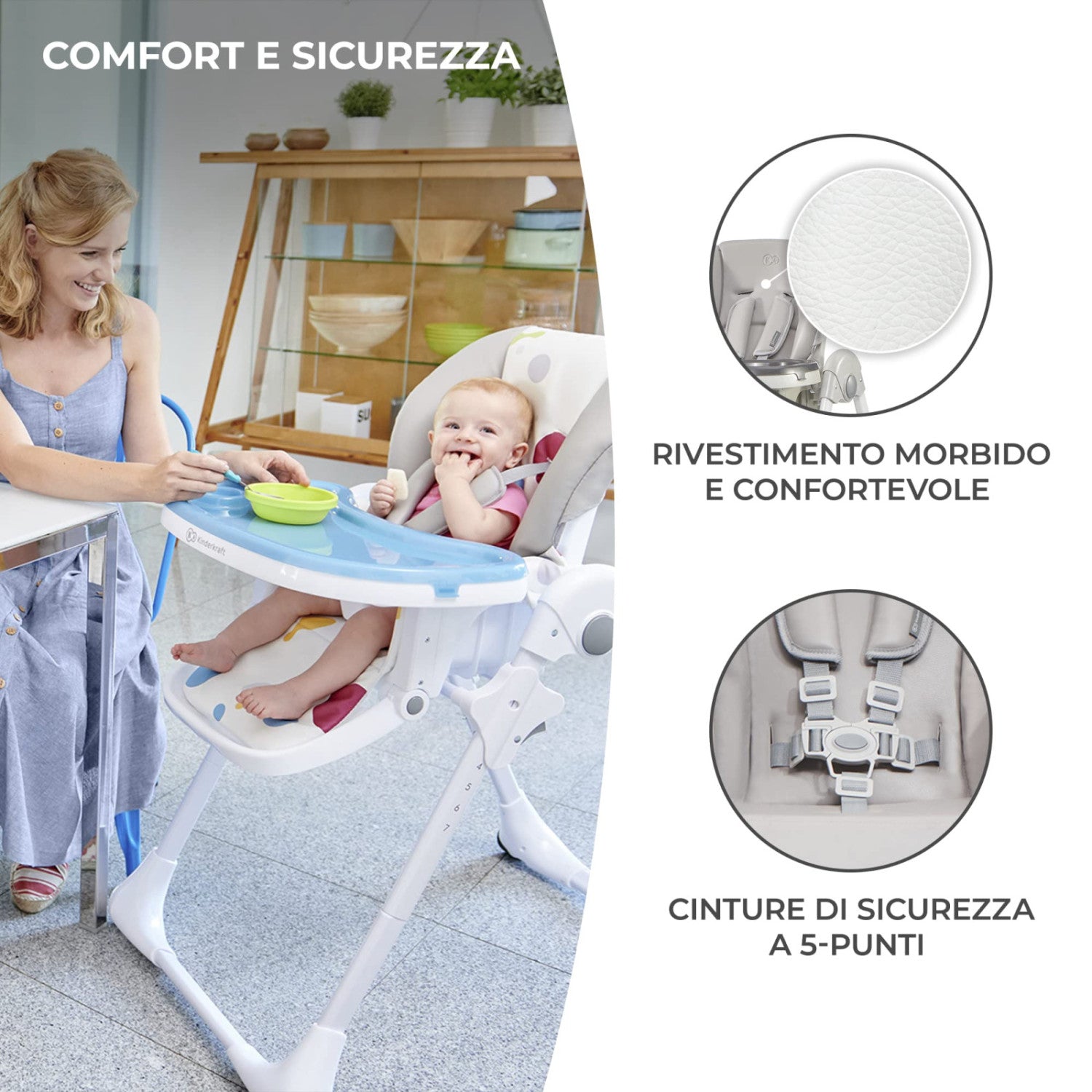 Kinderkraft Yummy Seggiolone Pappa Regolabile Pieghevole, 7 Altezze, Schienale 3 Posizioni, Cinture 5 Punti, 6 Mesi-3 Anni, Grigio