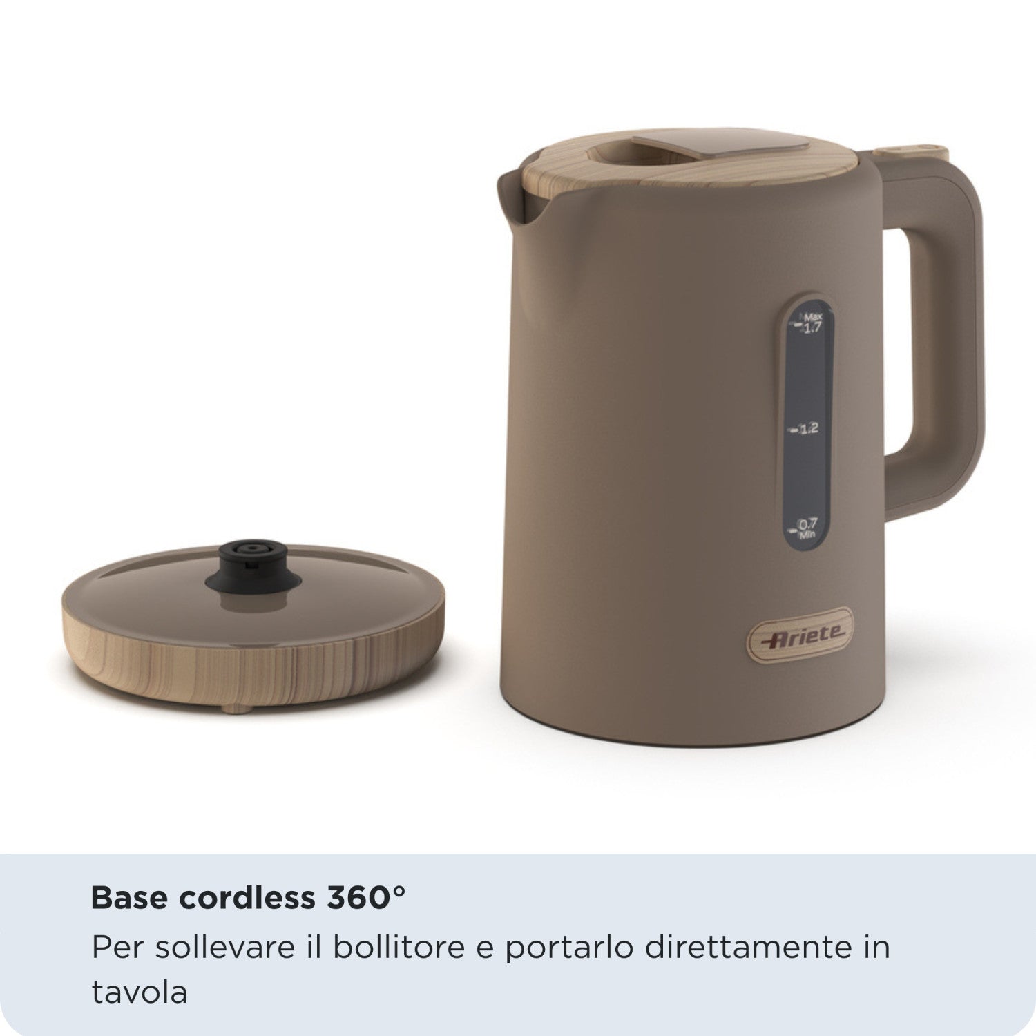 Ariete 2846 Bollitore Breakfast Wood, Bollitore Elettrico Cucina, 2200W, Capacità 1.7L, Effetto Legno, Base Cordless 360°, Spegnimento Automatico, Tortora