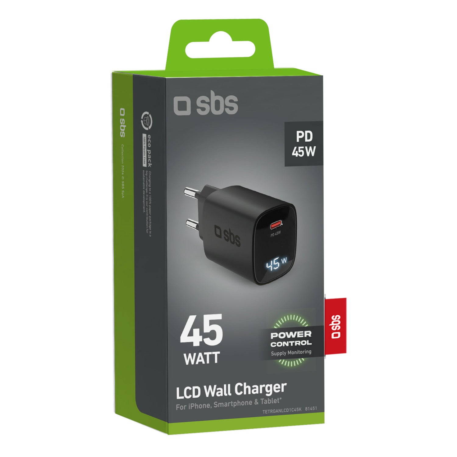 SBS TETRGANLCD1C45K Caricabatterie per dispositivi mobili Universale Nero AC Ricarica rapida Interno