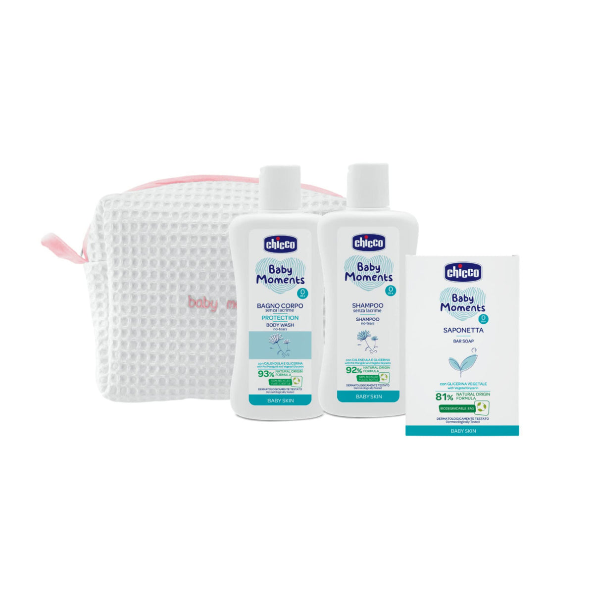 Chicco Baby Moments Beauty Bag Con Zip Rosa - Bagnoschiuma 200ml Shampoo 200ml Saponetta 100g