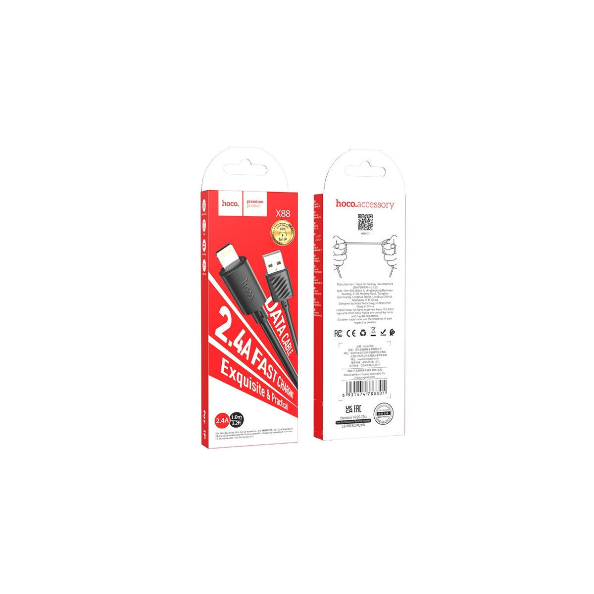 Hoco Cavo Dati USB-A Lightning X88 2.4A Fast Charging 1m Nero