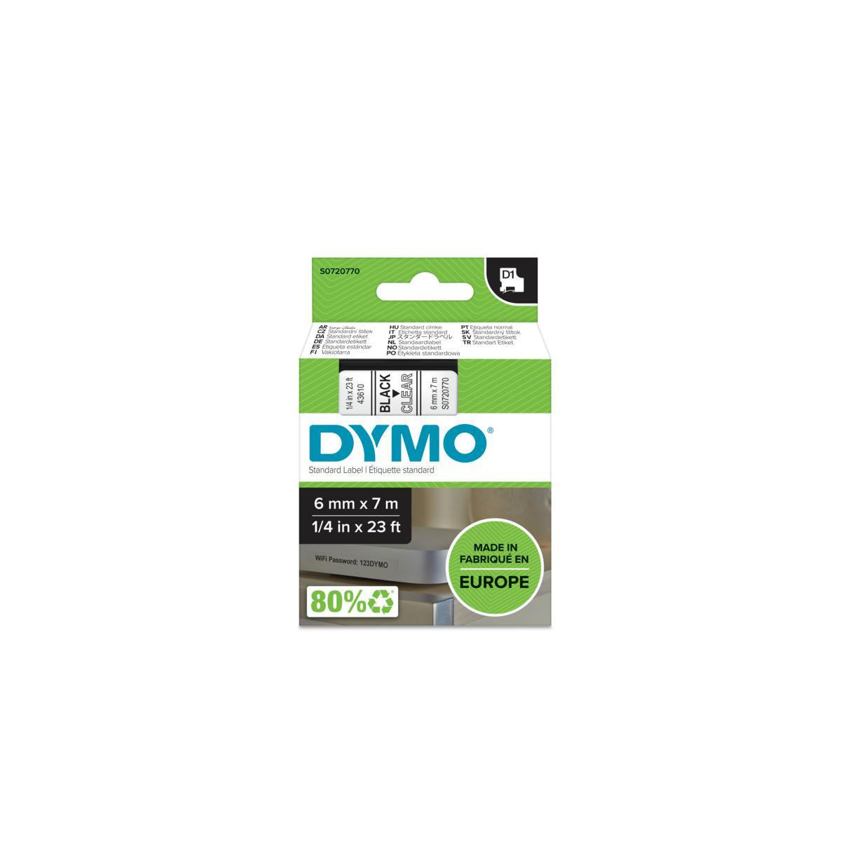 DYMO D1 Standard - Black on Transparent - 6mm nastro per etichettatrice Nero trasparente