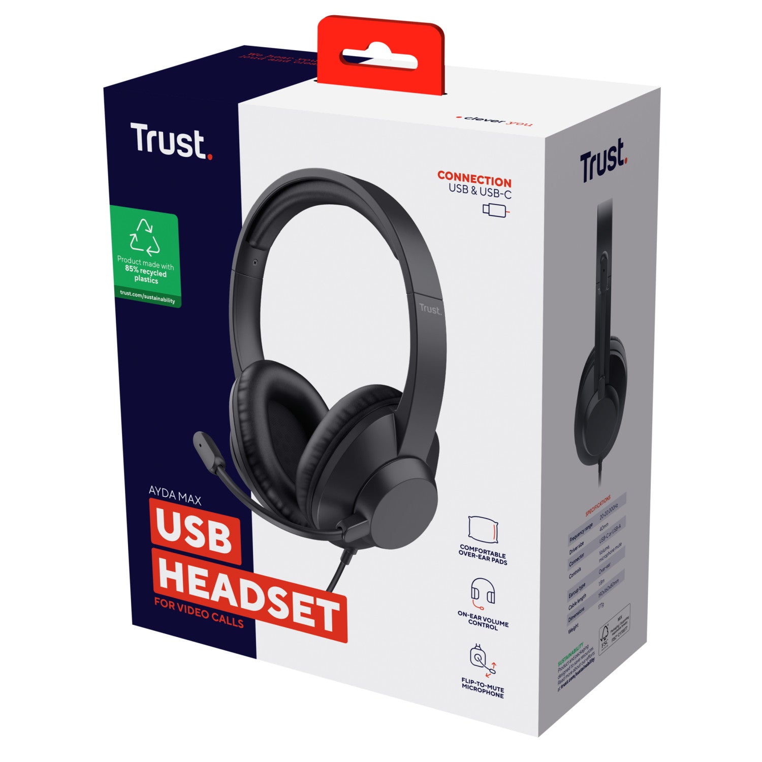 Trust Ayda Max USB Auricolare Cablato A Padiglione Ufficio USB Type-C / USB Type-A Nero