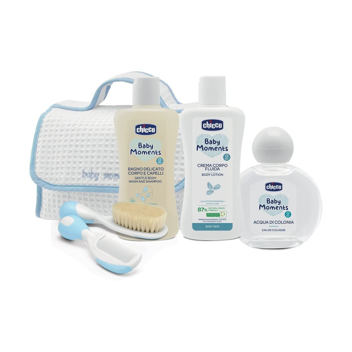Chicco Baby Moments Beauty Case Con Maniglia Azzurro - Acqua Di Colonia 100 Ml Bagno Delicato Corpo E Capelli 200 Ml Crema Corpo 200 Ml Spazzola E Pettine