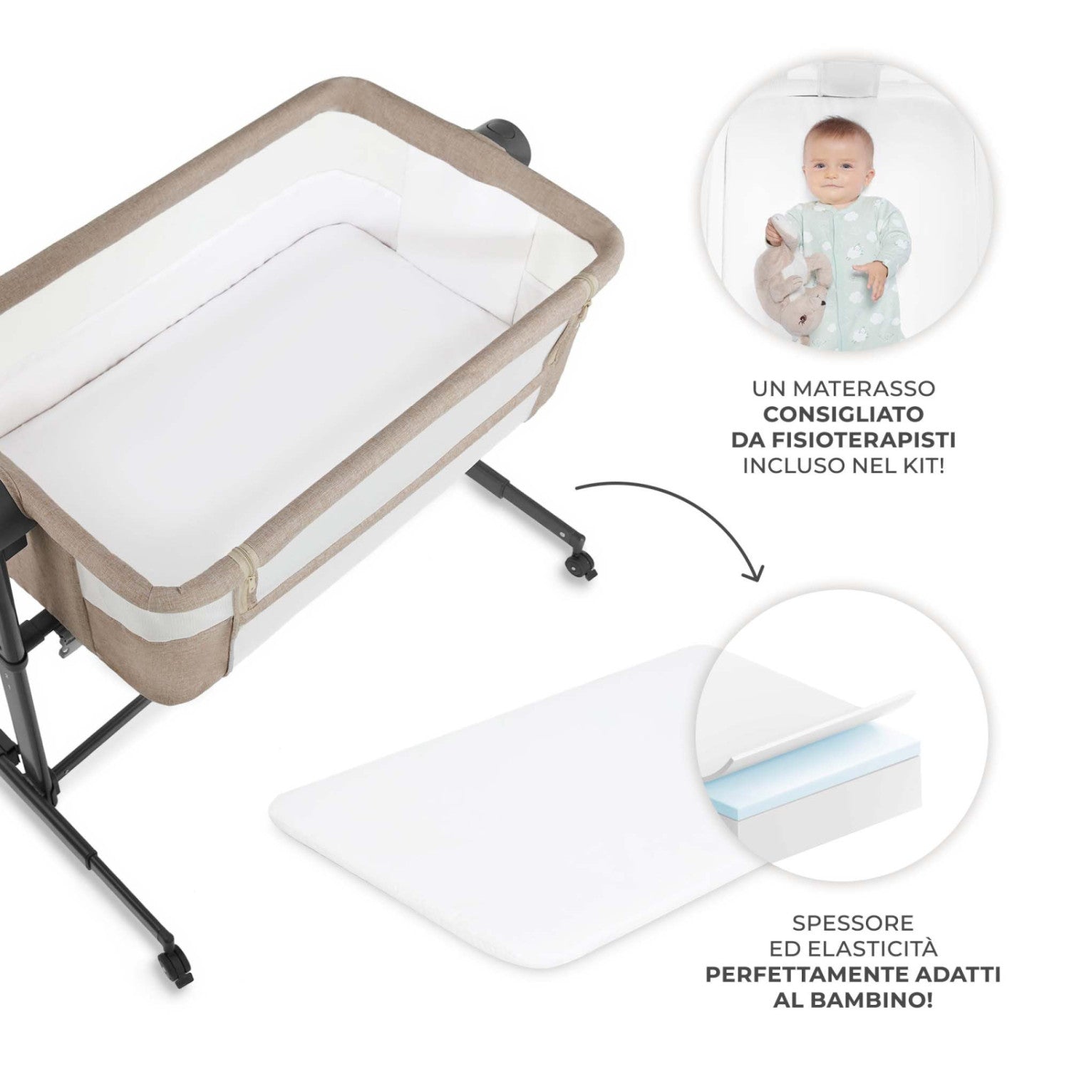 Kinderkraft Nestee Up 2 Culla Co-Sleeping Con Materasso, 5 Livelli Di Altezza, 4 Ruote, Beige