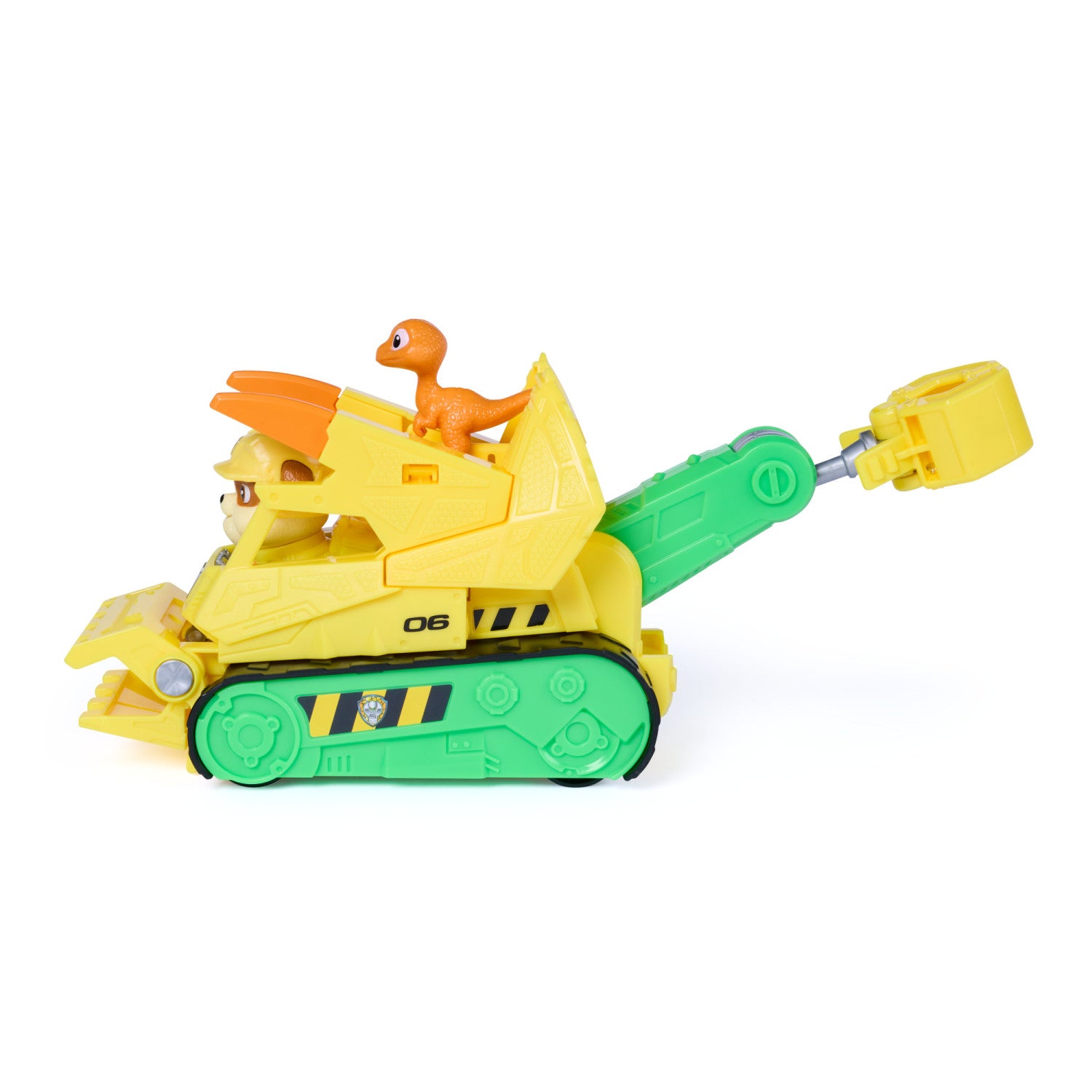 PAW Patrol : The Dino Movie, Rubble Dino Rescue Bulldozer con azione triturante e tenaglia articolata, 2 action figure e un veicolo, giocattoli per bambine e bambini dai 3 anni in su