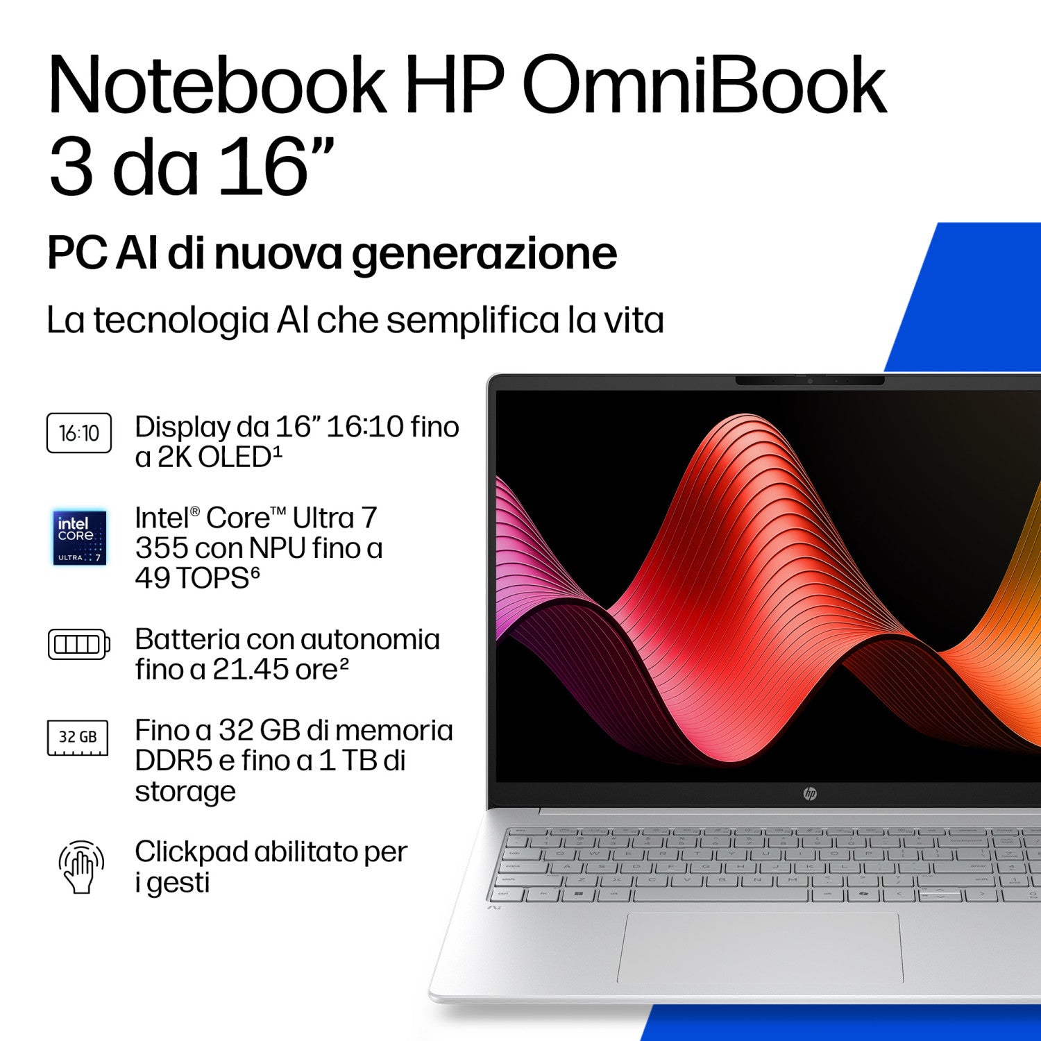 HP E0BL2EA laptop Copilot+ PC Intel Core Ultra 5 Computer portatile 40,6 cm (16") 2K 16 GB DDR5-SDRAM 512 GB SSD Wi-Fi 7 (802.11be) Windows 11 Home Grigio, Argento