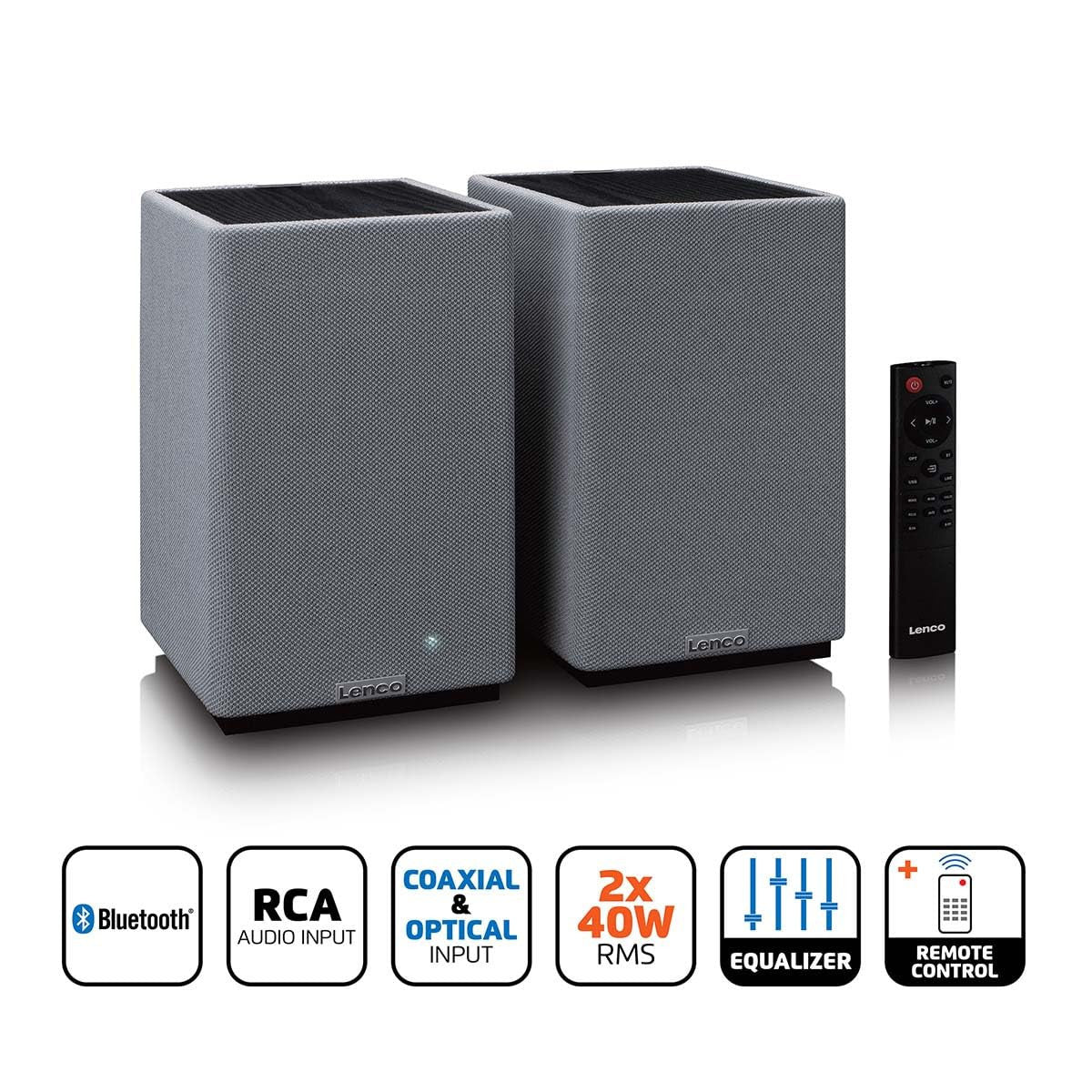 Lenco SPB-240BKGY Coppia Altoparlanti Stereo Hi-Fi Bluetooth 5.3 - 2x40W RMS - Amplificatore Classe D - DSP - RCA - Ottico - USB - Telecomando - Grigio/Nero