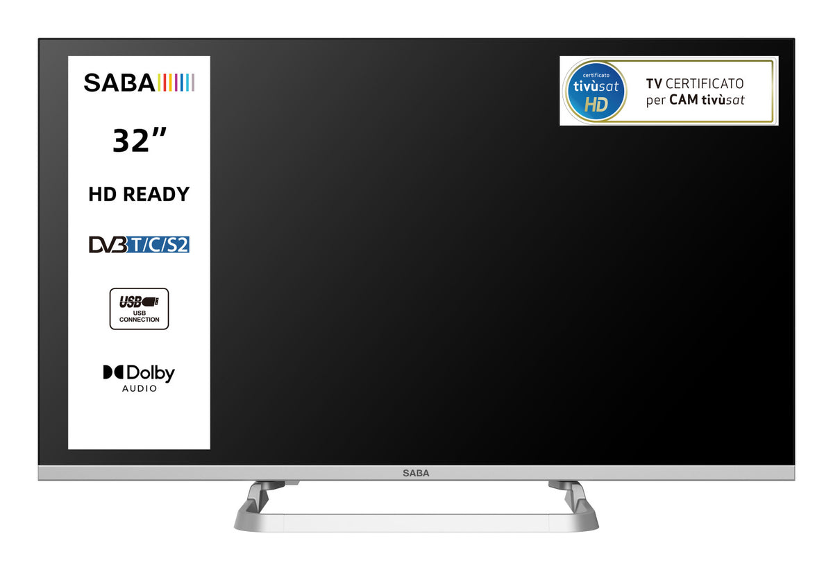 SABA SA32M10 TV 32" HD READY, Triplo tuner DVBT2/C/S2 HEVC MAIN10, Certificato TivuSAT, Piedistallo centrale, Dolby Audio