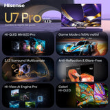 Hisense Smart TV MiniLED 165Hz 65" 4K 65U7S PRO, Schermo Anti-Riflesso, Dolby Atmos 2.1.2 By Devialet, VIDAA OS, Dolby Vision IQ, Native 165Hz Game Mode, 4 HDMI 2.1, Wifi, BT, AirPlay2, lativù 4K