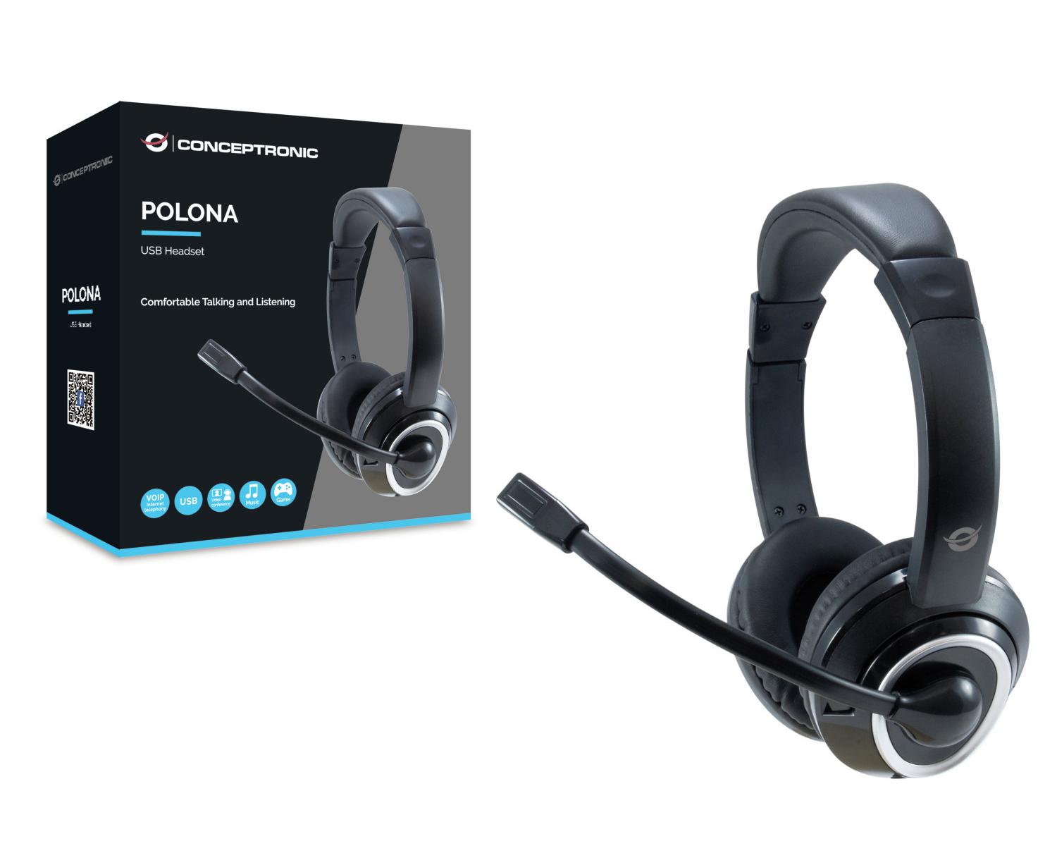 Conceptronic POLONA Cuffie Cablato a Padiglione Musica e Chiamate USB tipo A Nero