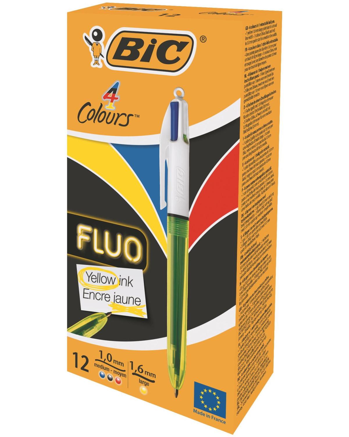 BIC 4Colours Fluo Penna retrattile a clip Nero, Blu, Rosso, Giallo 12 pz