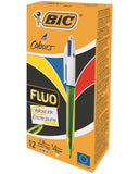 BIC 4Colours Fluo Penna retrattile a clip Nero, Blu, Rosso, Giallo 12 pz