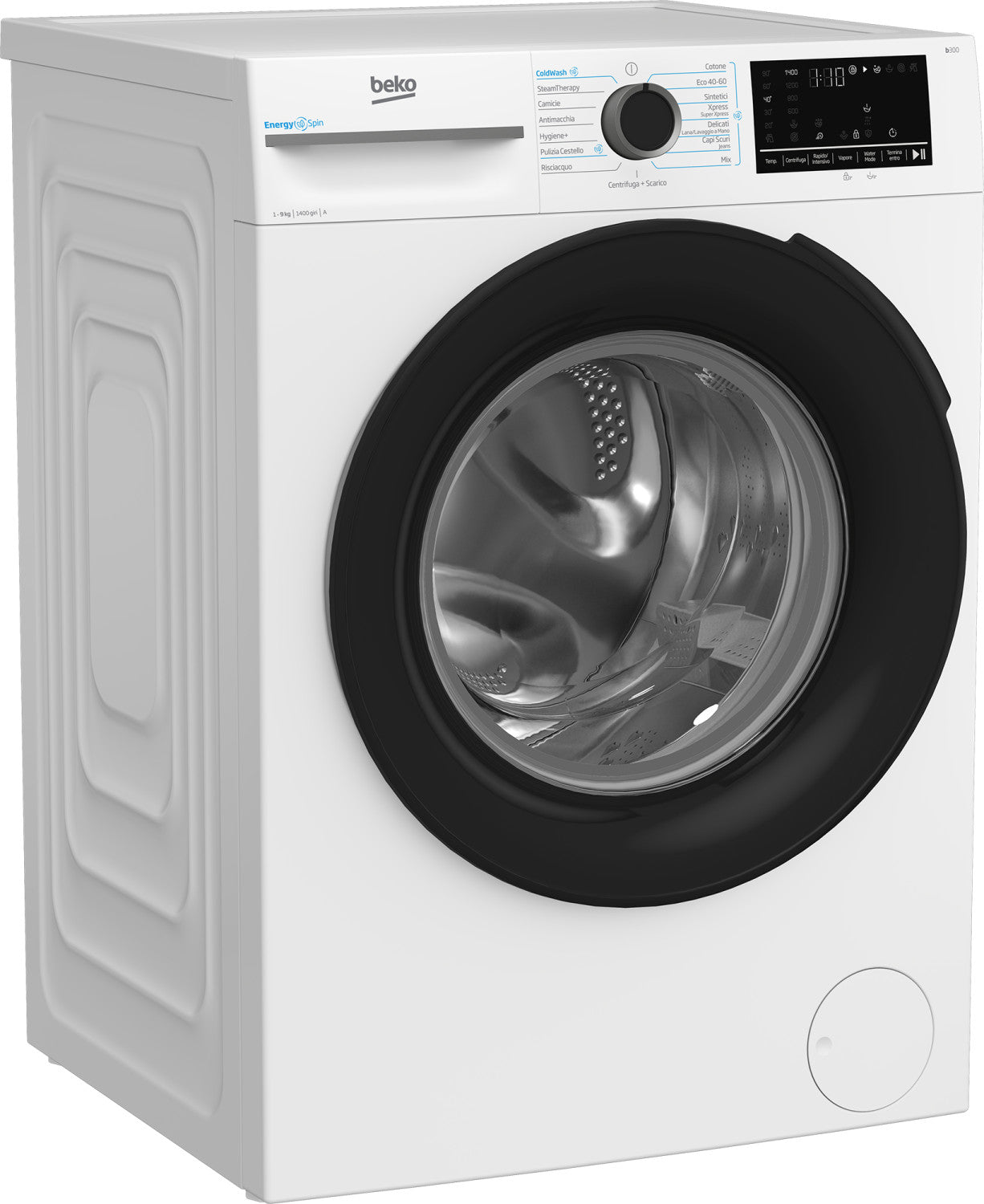 Beko b300 BMW9149DB: Lavatrice 9kg, classe A-30 , 1400giri, linea estetica NX, motore inverter, display touch, porta nera, tecnologia EnergySpin , funzione vapore