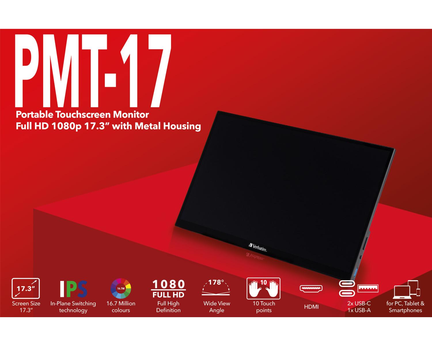 Verbatim 49593 Monitor PC 43,9 cm (17.3pollici) 1920 x 1080 Pixel Full HD Touch screen Nero
