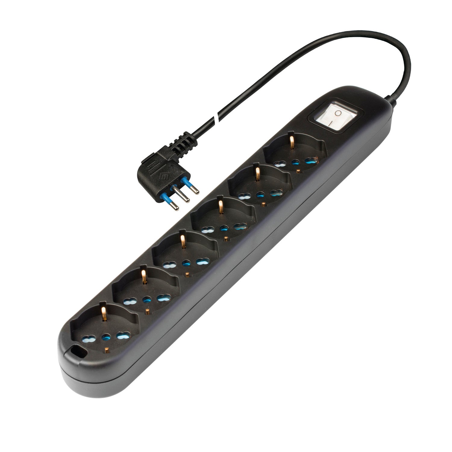 Poly Pool Presa sestupla pluristandard:italiano bivalente 10/16A 2P T, tedesco 16A 2P T (terra laterale), con interruttore luminoso, 1,5m cavo H05VV-F 3X1mmq con spina 16A 2P T, uscita cavo 90 , CSV-IMQ, CE