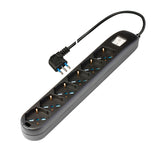 Poly Pool Presa sestupla pluristandard:italiano bivalente 10/16A 2P T, tedesco 16A 2P T (terra laterale), con interruttore luminoso, 1,5m cavo H05VV-F 3X1mmq con spina 16A 2P T, uscita cavo 90 , CSV-IMQ, CE