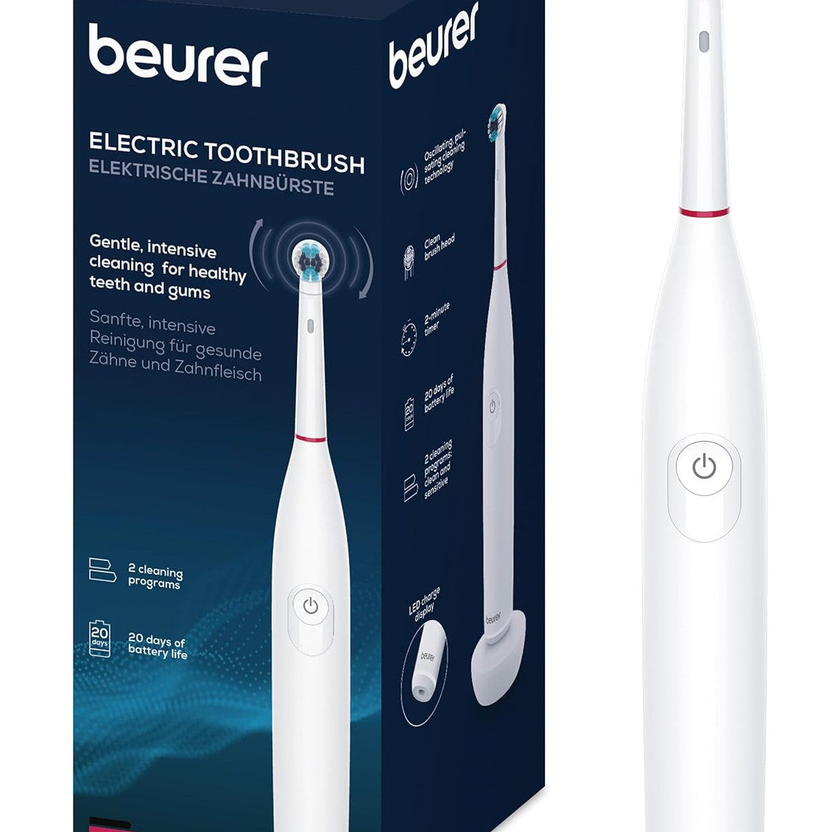 Beurer TB 30 Spazzolino Elettrico con 2 Programmi di Pulizia Personalizzati, Clean e Sensitive, e Timer Integrato da 2 Minuti per una Pulizia Corretta Batteria Ricaricabile con Autonomia di 20 Giorni