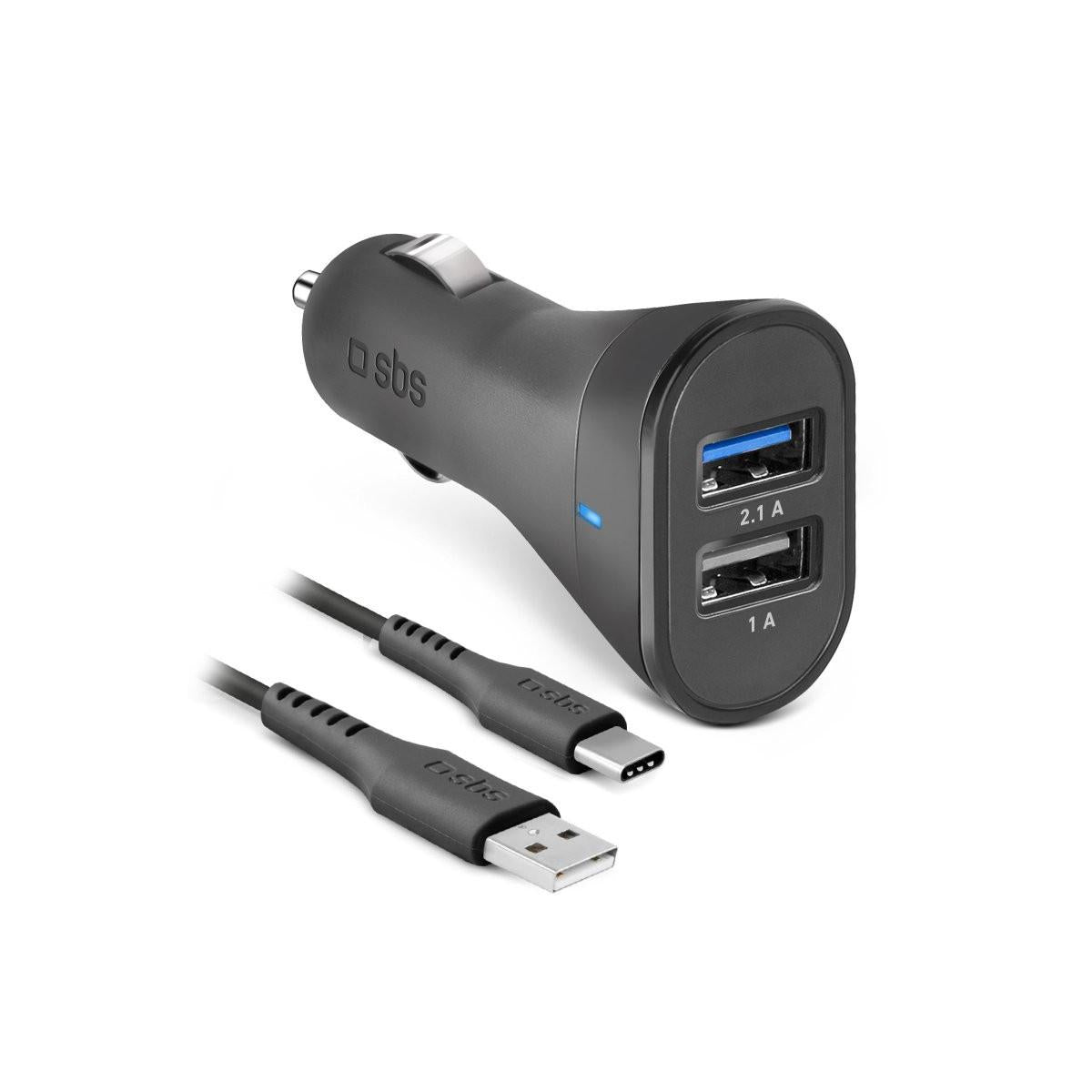 SBS Kit caricatore auto 10 Watt Ricarica rapida con due porte USB e cavo USB e USB C incluso