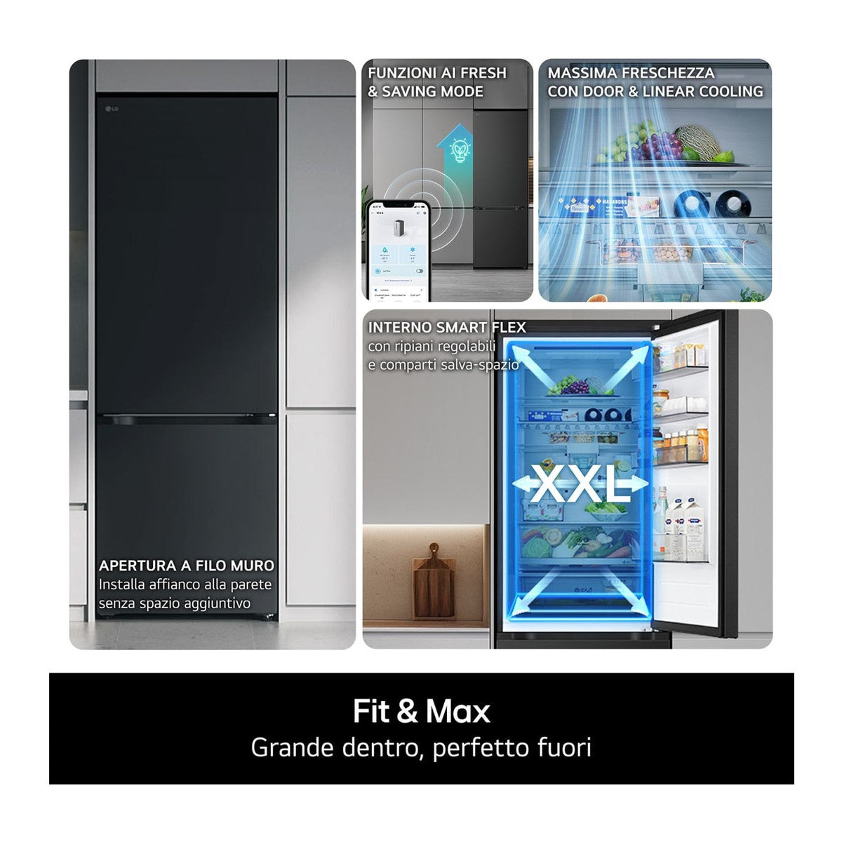 LG GBBSJ20DEP Frigorifero combinato Fit Max 60 cm Classe D, 375 L AI Inverter, Wi-Fi, Door Cooling, Total No Frost Matte Black