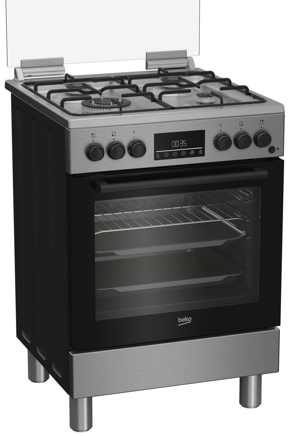 Beko Cucina Forno Elettrico Ventilato con Grill Elettrico e Timer, coperchio in vetro, ventilazione tangenziale, Classe A, Display LED XL, Piedini, Inox