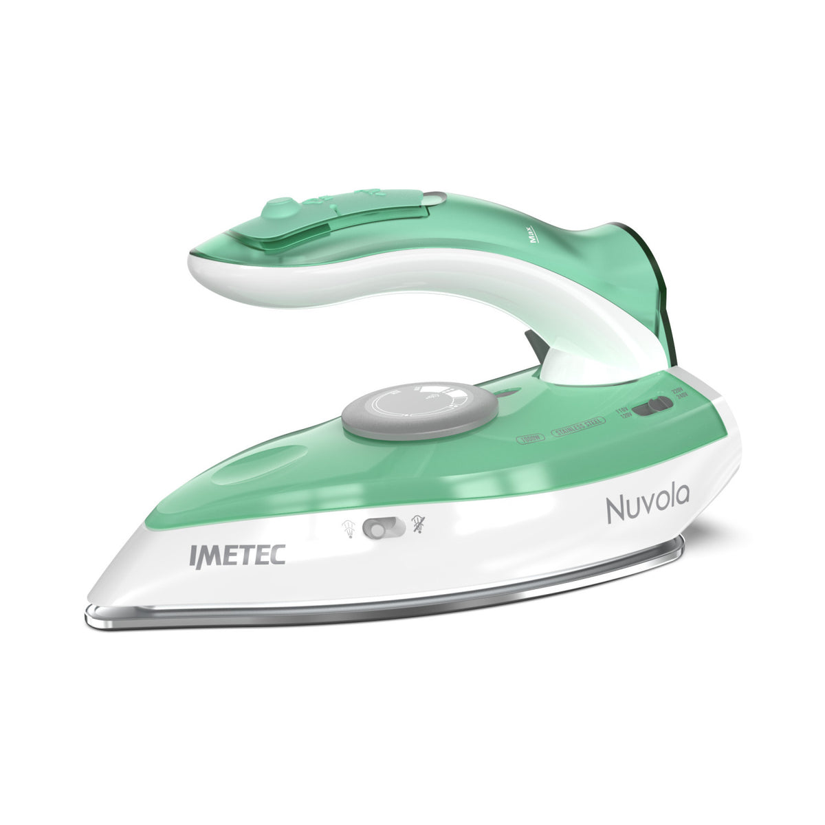 Imetec Nuvola, Ferro da Stiro da Viaggio a Vapore, Piastra in Acciaio Inox, 1000 W, Manico pieghevole, Custodia da Viaggio, Doppio Voltaggio
