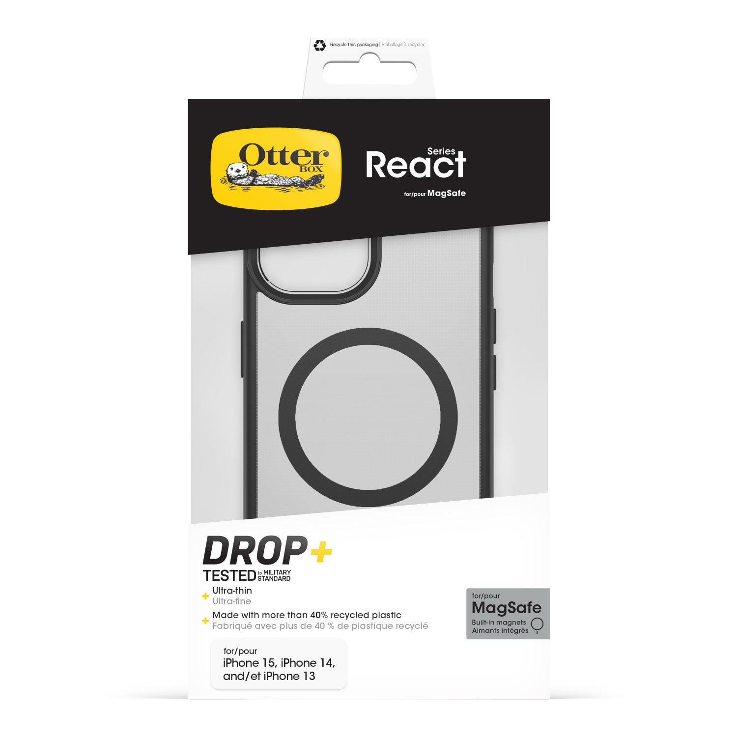 OtterBox React per MagSafe Series per Apple iPhone 16e/15/14/13, trasparente/nero