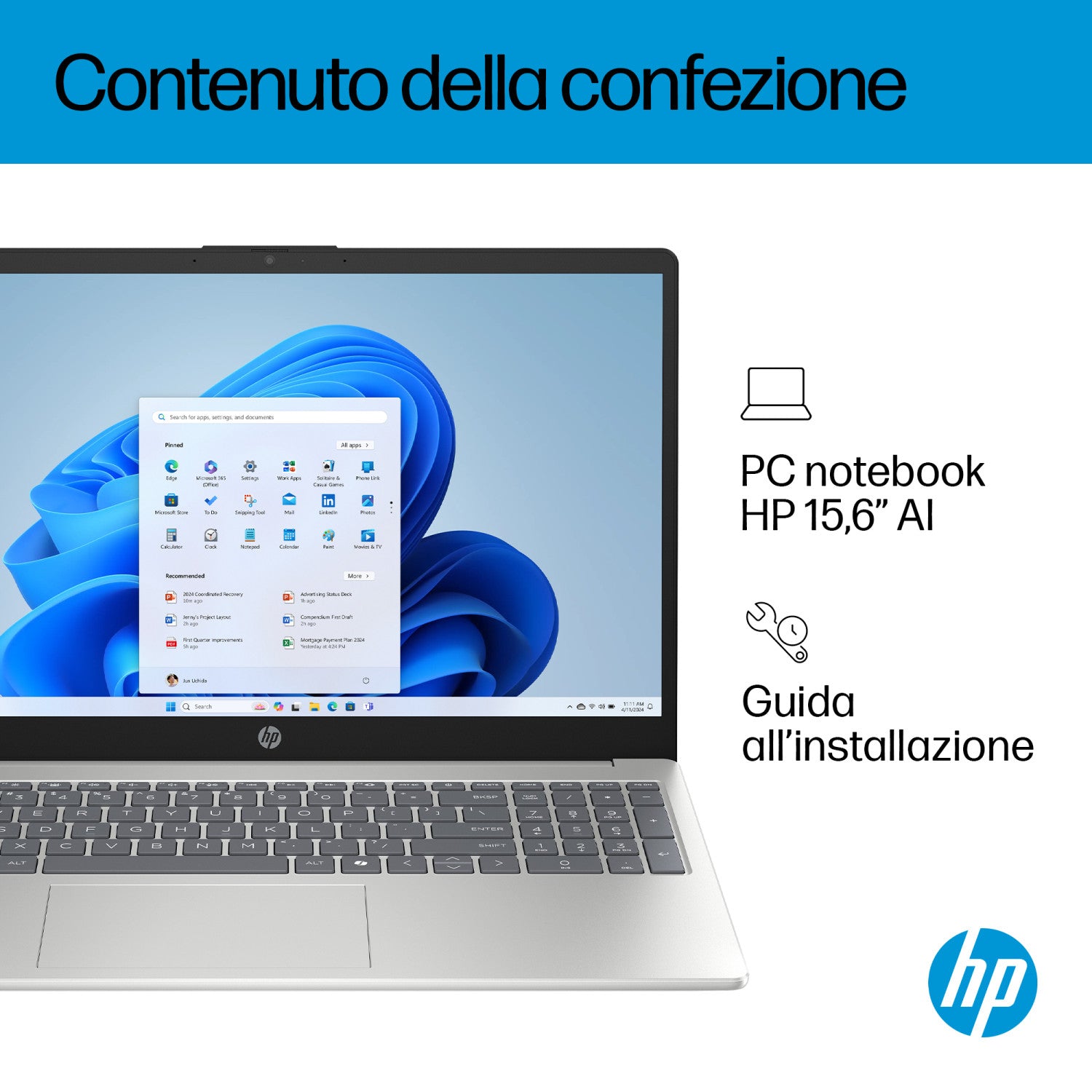 HP AI 15-fd2026nlx Intel Core Ultra 5 225U Computer portatile 39,6 cm (15.6") Full HD 8 GB DDR5-SDRAM 512 GB SSD Wi-Fi 6 (802.11ax) Windows 11 Home AI PC Argento