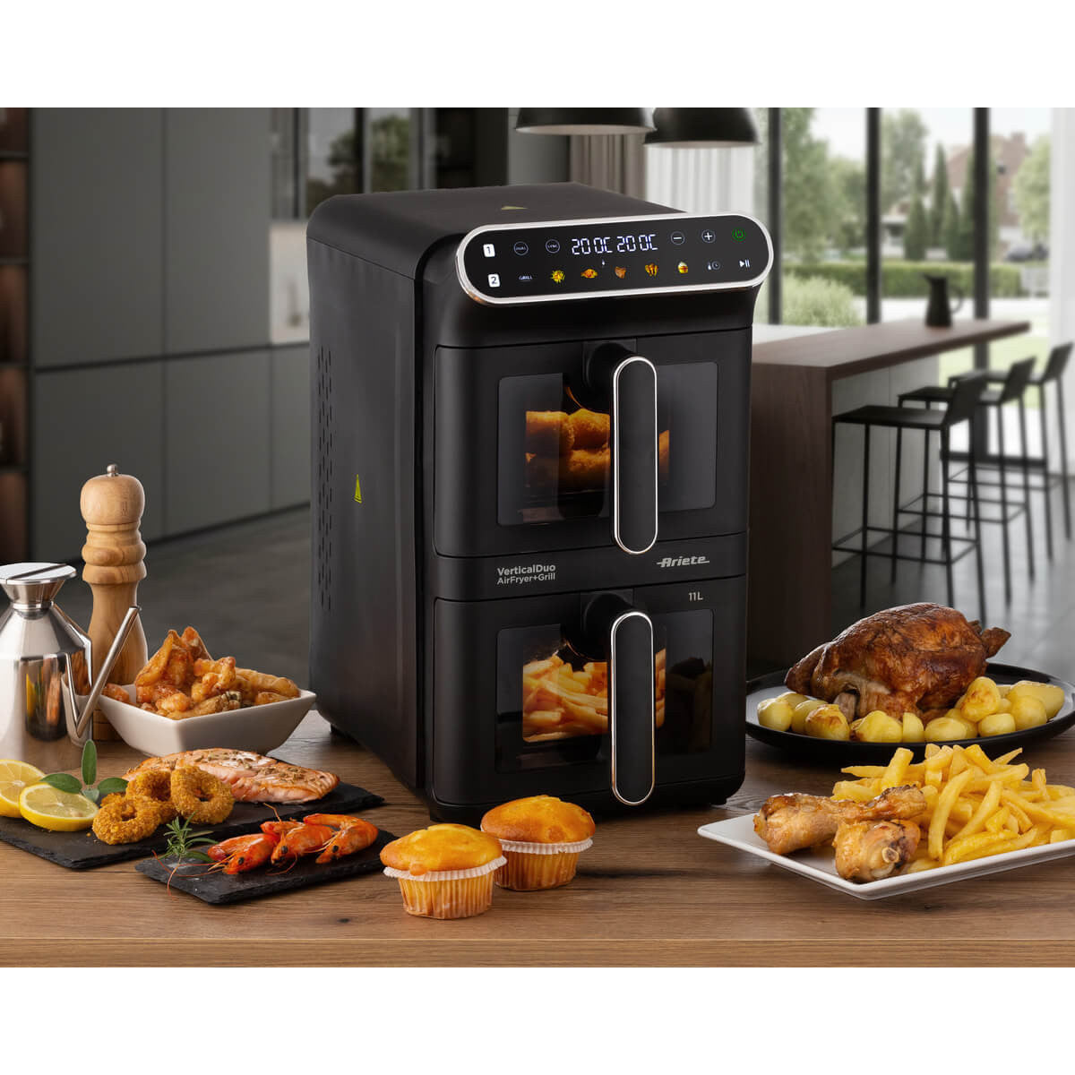 Ariete 4640 Air Fryer Vertical Duo - Friggitrice Ad Aria Doppia Verticale, 11L, 2460W, 6 Programmi, Funzioni Sync E Dual, Fino A 200 C, Nera