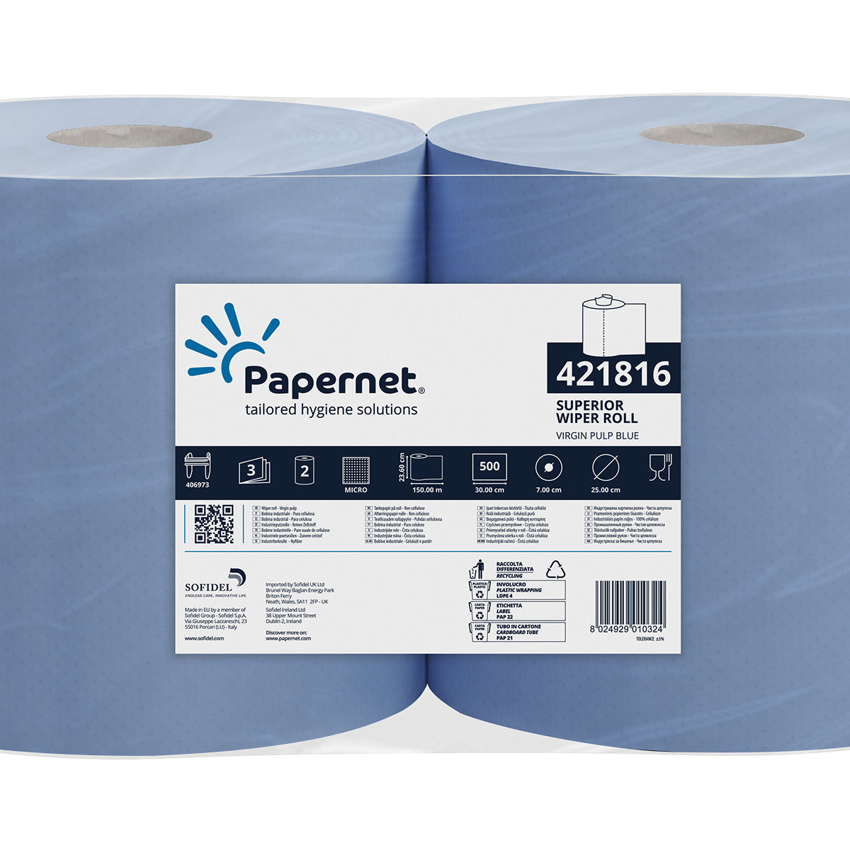 Papernet 421816 asciugamano di carta 500 fogli Cellulosa Blu 150 m