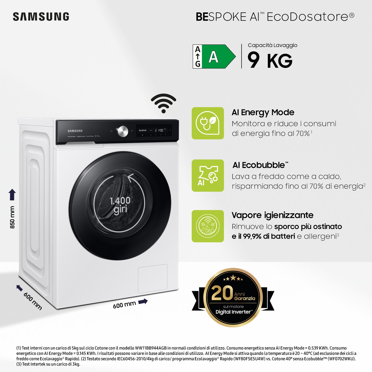 Samsung WW90DB7U94GEU3 Lavatrice Caricamento frontale 9 kg 1400 Giri/min Bianco