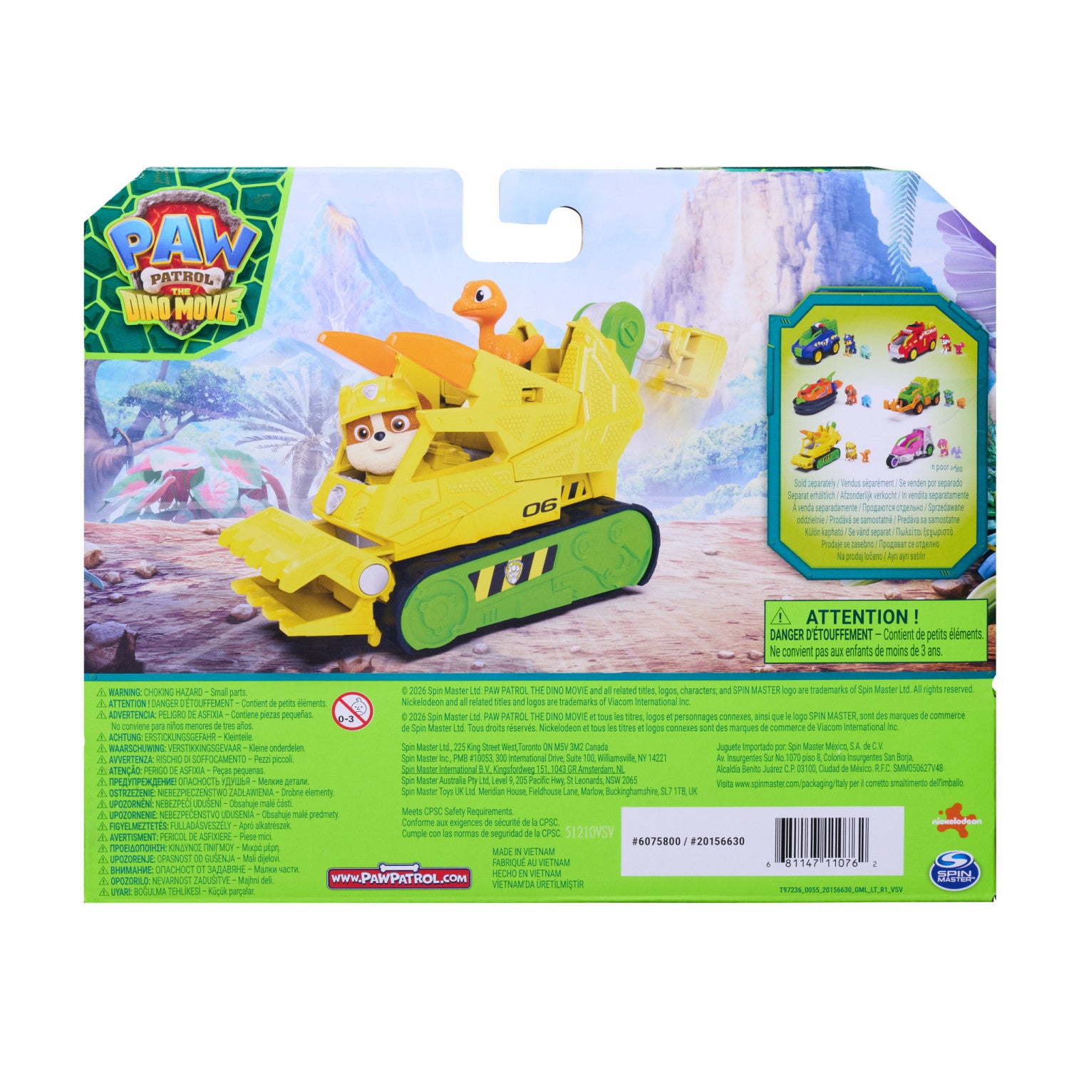 PAW Patrol : The Dino Movie, Rubble Dino Rescue Bulldozer con azione triturante e tenaglia articolata, 2 action figure e un veicolo, giocattoli per bambine e bambini dai 3 anni in su