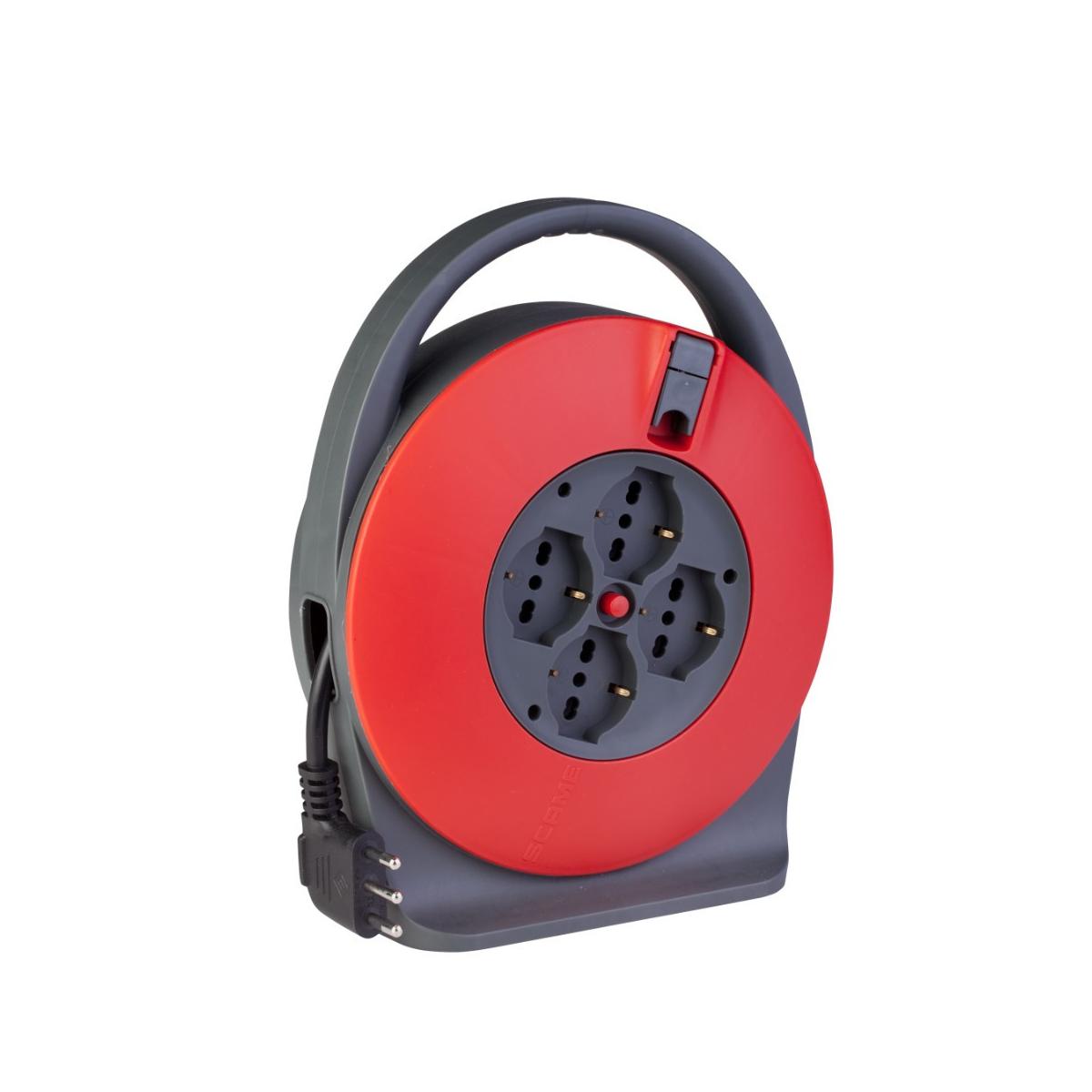 Poly Pool PP2742 Avvolgicavo 10 m Sezione Cavo 3G15 con 4 Prese Pluristandard e Spina Salvaspazio Italiana Grande 16 A con Manico e Disgiuntore Termico