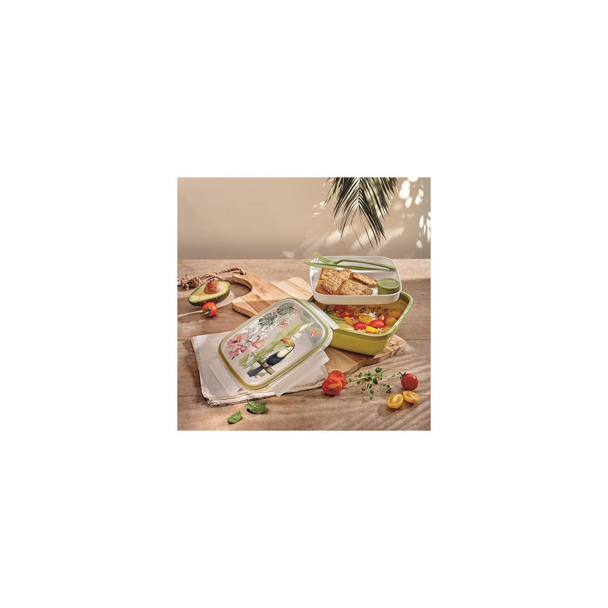 Snips Fresh Lunch Box Quadrato Tucano Con Posate, Vassoio E Salsiera, 4 Chiusure Di Sicurezza, 1,5 Lt, 21x21x8 Cm, Made In Italy