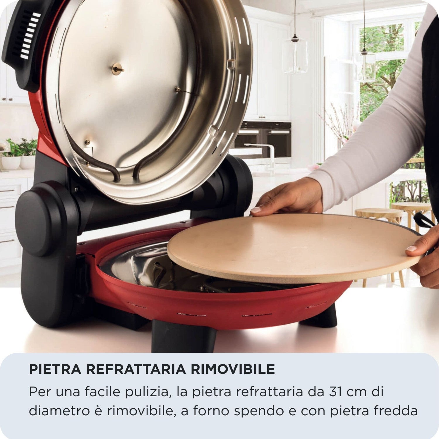 Ariete 934 Pizzeria Gourmet, Forno per pizza napoletana e calzoni, 1500W, Temperatura 400 C, 3 minuti di cottura, Pietra refrattaria rimovibile, Regolazione temperatura inferiore e superiore, Rosso