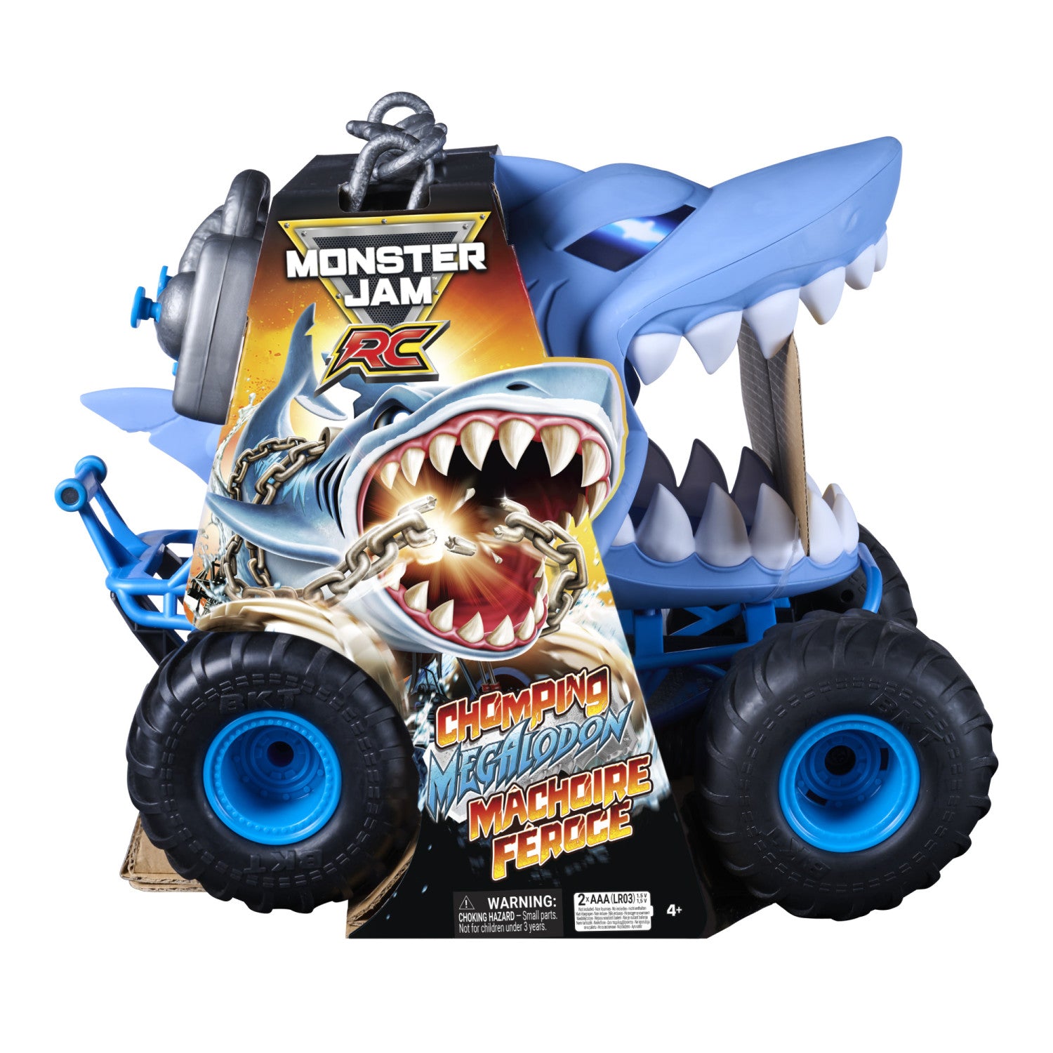 Monster Jam Camion RC Chomping Megalodon, Monster Truck Telecomandato in Scala 1:15 con 3 Modalità di Azione, Catena e Controller, Giocattoli per Ragazzi e Ragazze dai 4 Anni in su