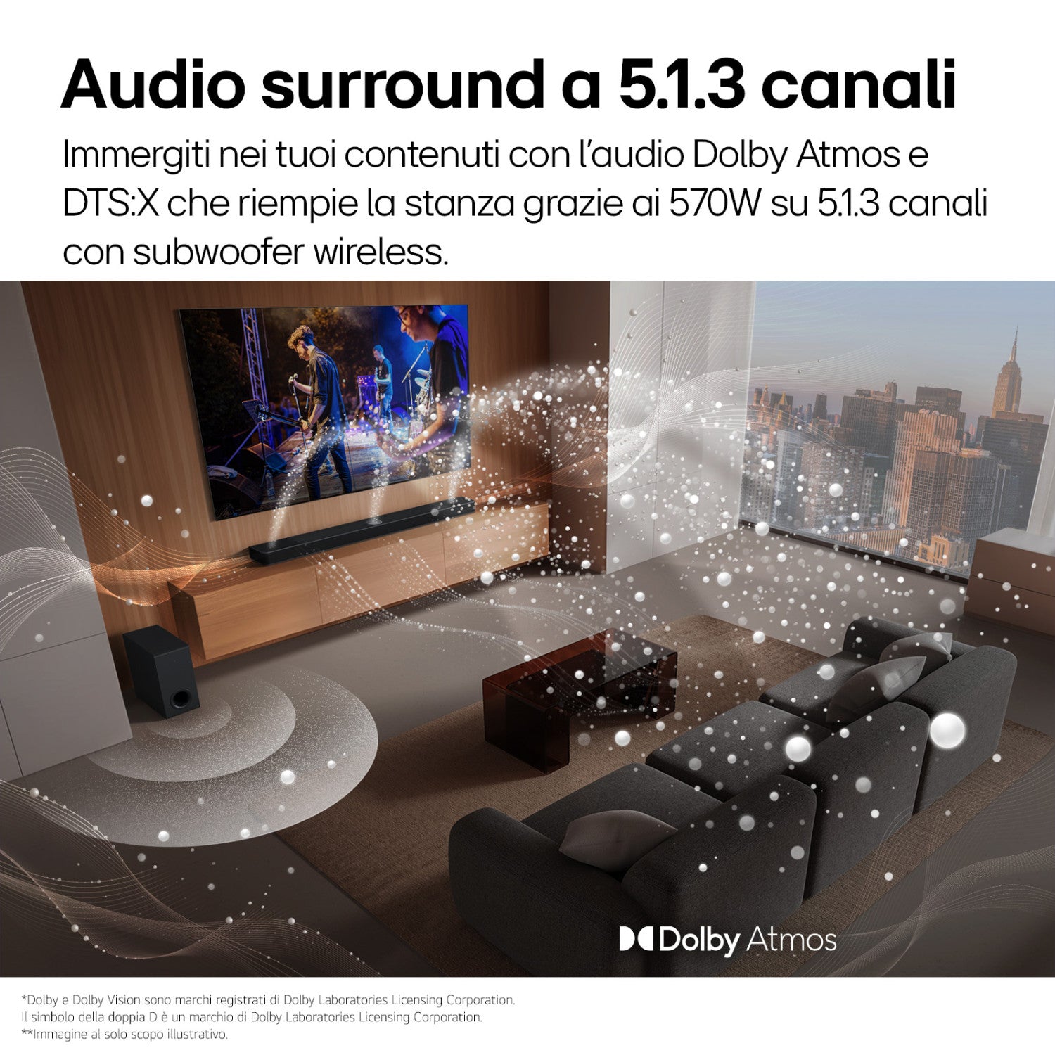 LG Soundbar S90TY, 570W su 5.1.3 canali, Dolby Atmos, Wi-Fi, 3 speaker up-firing