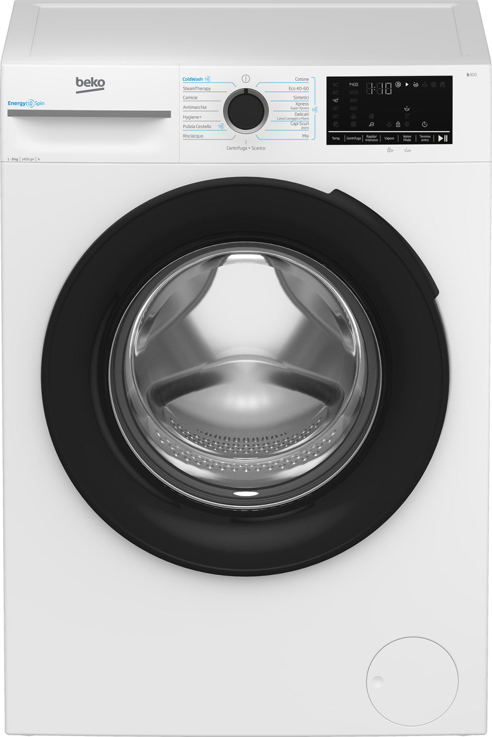 Beko b300 BMW9149DB: Lavatrice 9kg, classe A-30 , 1400giri, linea estetica NX, motore inverter, display touch, porta nera, tecnologia EnergySpin , funzione vapore