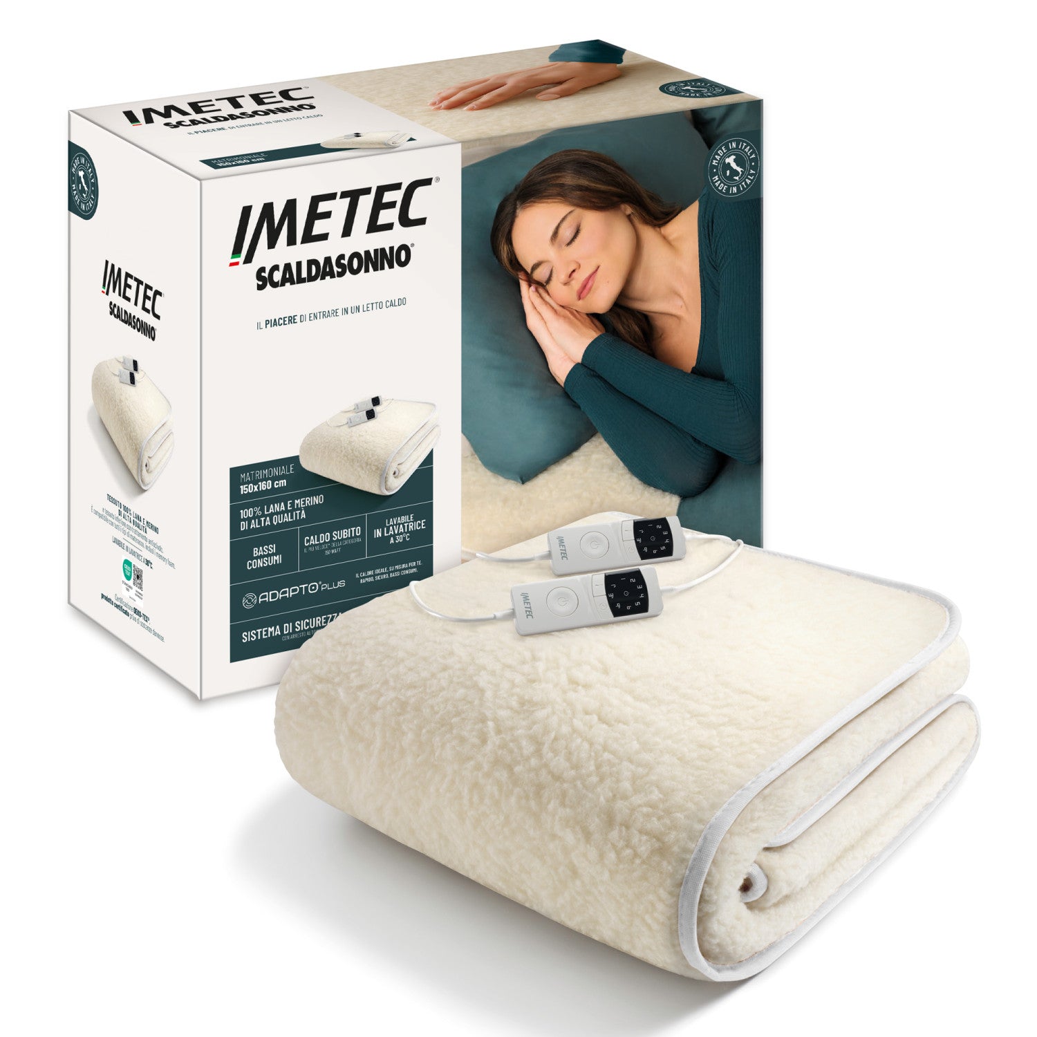 Imetec Scaldasonno Adapto Plus 100 Lana e Merino, Matrimoniale 160x150 cm, Caldo Subito, Tecnologia brevettata Adapto Plus, Sistema Sicurezza ElectroBlock, Bassi consumi, 6 Temperature, Autospegnimento 1, 3, 9 ore, Made in Italy